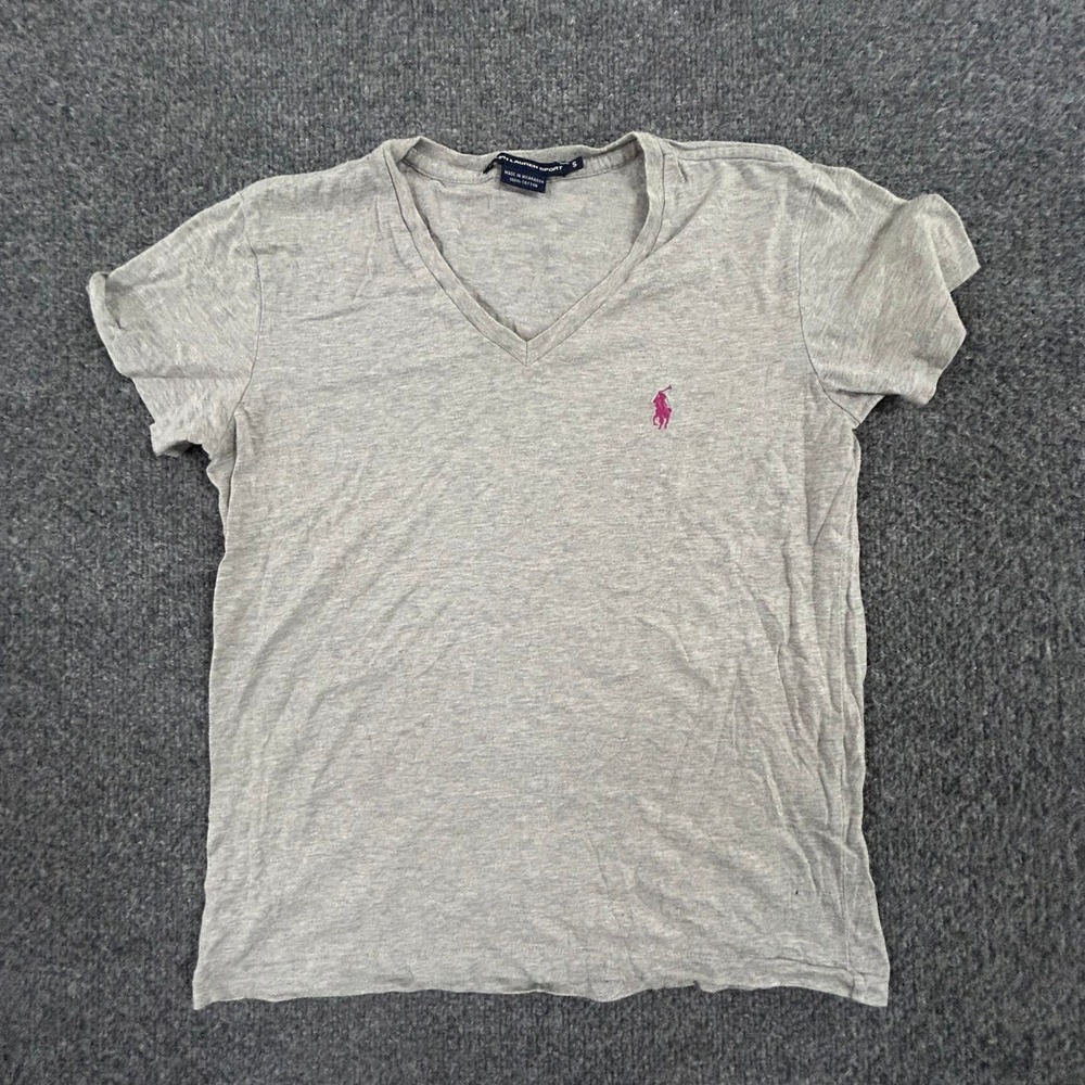 Polo Ralph Lauren Shirt Womens Size S Gray V-Neck Cotton Pink Pony Logo Tee